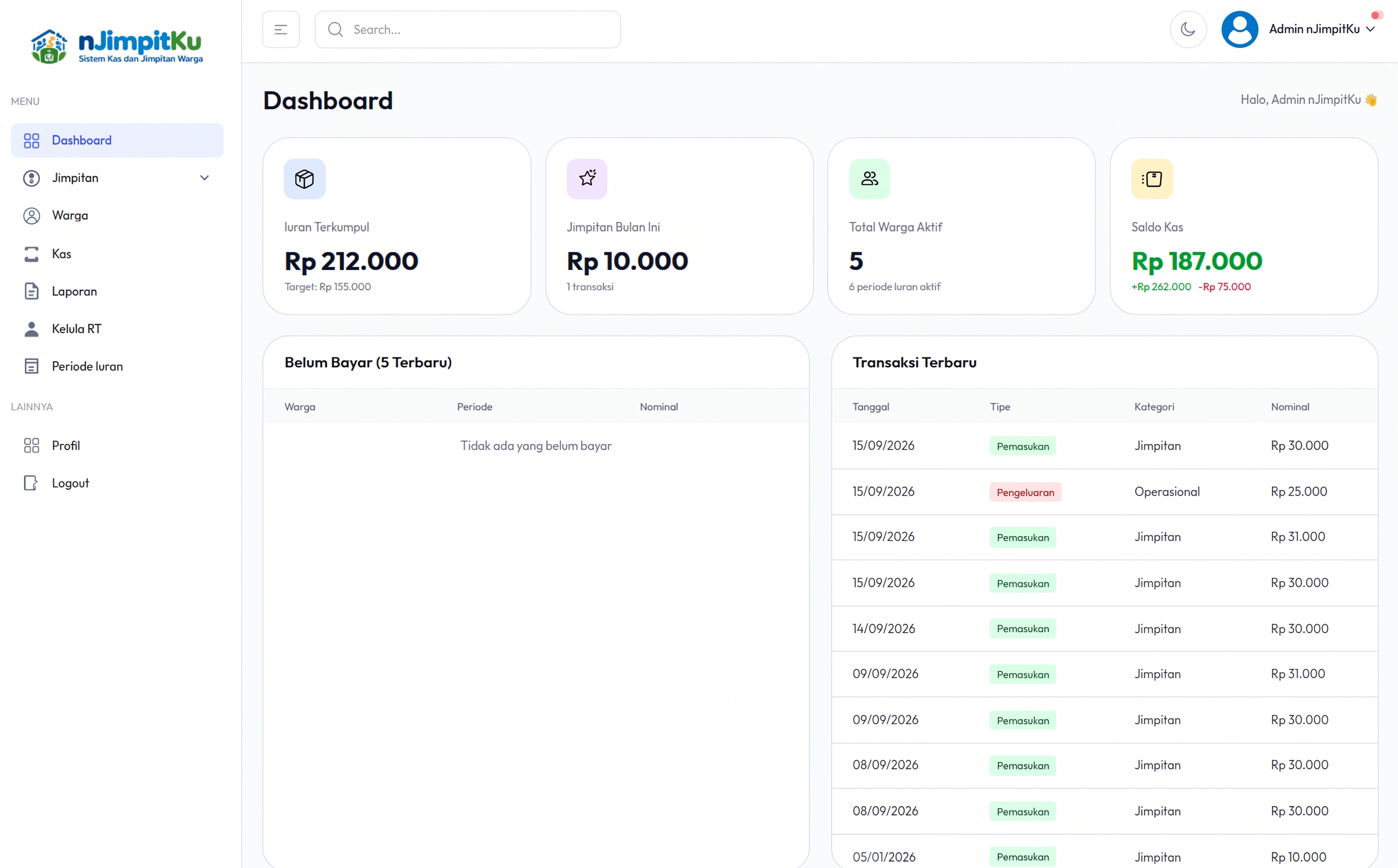 Dashboard nJimpitKu — Ringkasan Kas, Iuran, Jimpitan